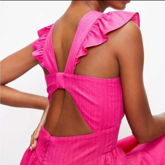LOFT Pink Flutter Sleeve Cut Out Back Tiered Midi Dress Cotton Lined Size 2 - Picture 3 of 16